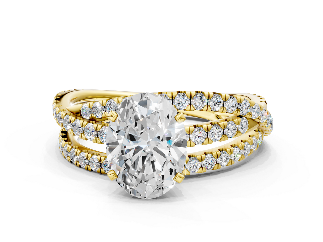 Yellow gold Oval Solitaire Twist Band with Pavé Setting and Four-Prong Setting_107