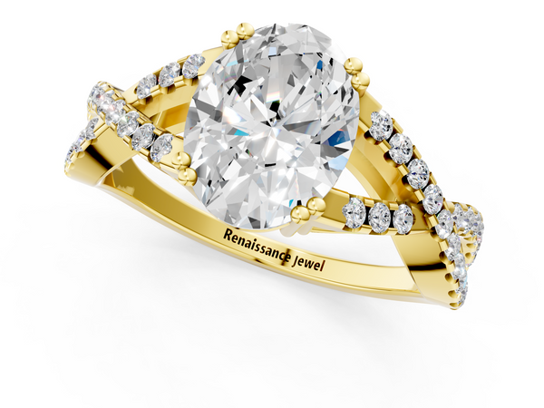 Yellow gold Oval Cut Diamond Solitaire Ring with Four-Prong Setting and Twisted Pavé Band