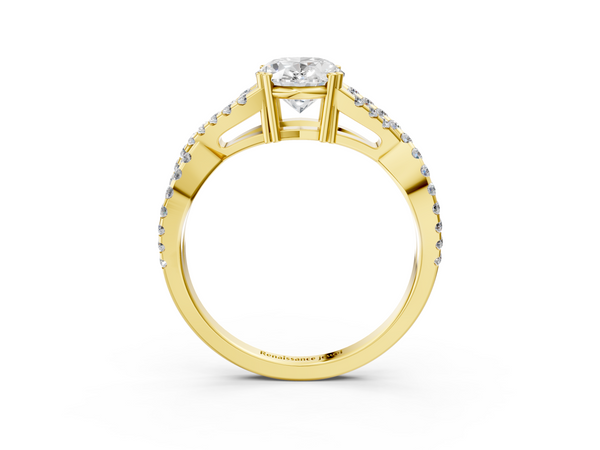 Yellow gold Oval Cut Diamond Solitaire Ring with Four-Prong Setting and Twisted Pavé Band