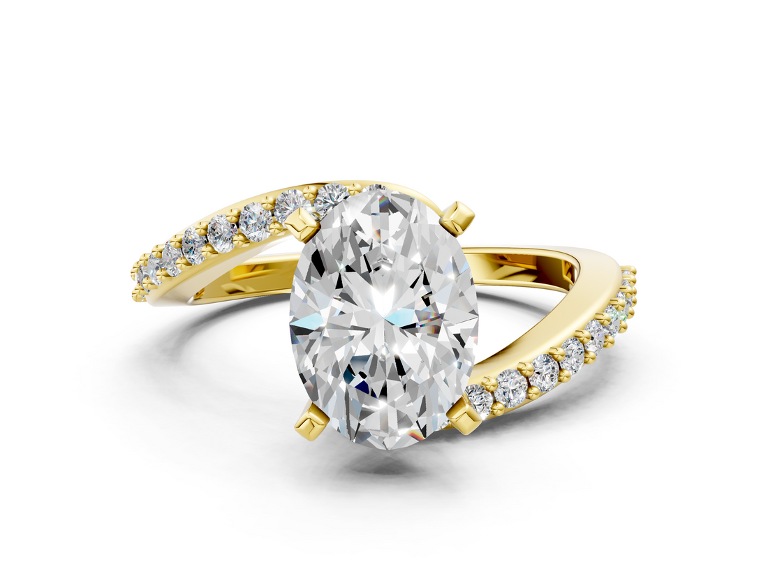 Yellow gold Oval Solitaire Twist Band with Pave Set Diamonds and Four-Prong Setting_158
