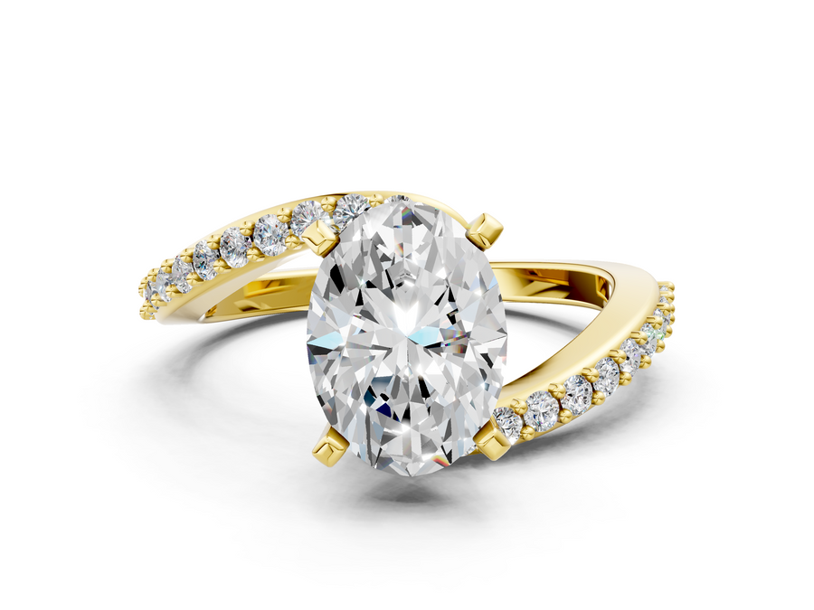 Yellow gold Oval Solitaire Twist Band with Pave Set Diamonds and Four-Prong Setting