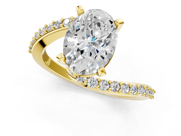 Yellow gold Oval Solitaire Twist Band with Pave Set Diamonds and Four-Prong Setting
