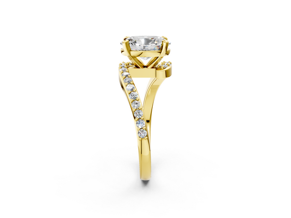 Yellow gold Oval Solitaire Twist Band with Pave Set Diamonds and Four-Prong Setting