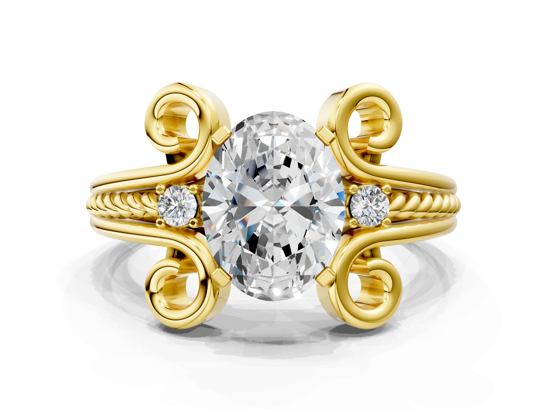 Yellow gold Oval Solitaire Twisted Band Scroll Prong Ring_3
