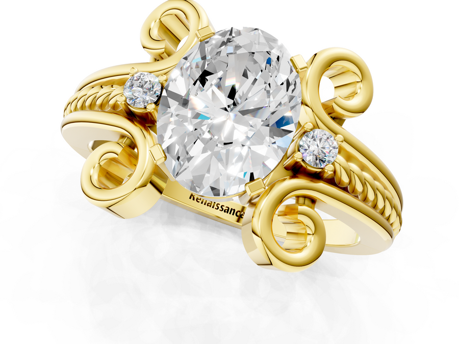 Yellow gold Oval Solitaire Twisted Band Scroll Prong Ring