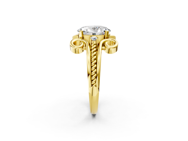 Yellow gold Oval Solitaire Twisted Band Scroll Prong Ring