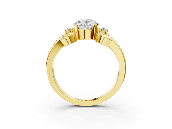 Yellow gold Oval Solitaire Twisted Band Scroll Prong Ring