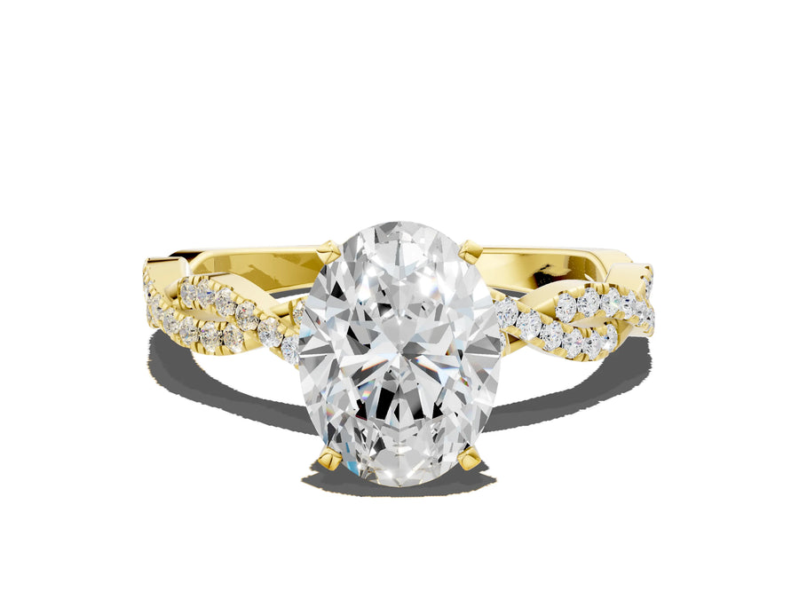 Yellow gold Oval Solitaire Twisted Pave Band with Four-Prong Setting