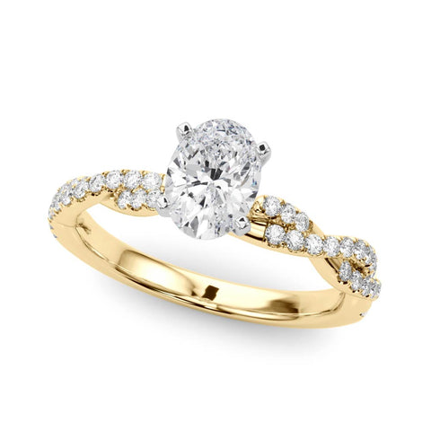 Yellow gold Oval Solitaire Twisted Pave Band with Four-Prong Setting