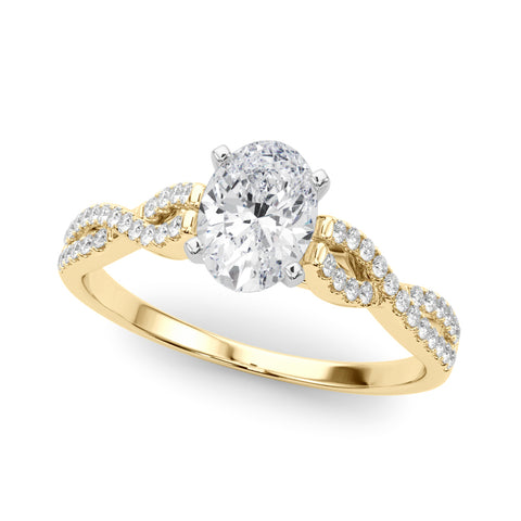 Yellow gold Oval Solitaire Twisted Pave Diamond Engagement Ring with Four-Prong Setting