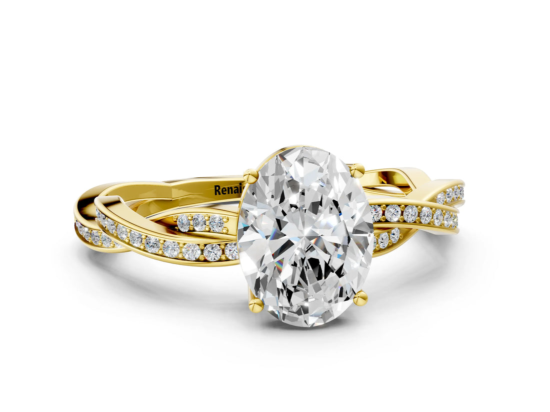 Yellow gold Oval Solitaire Twisted Pave Diamond Ring with Four-Prong Setting_12