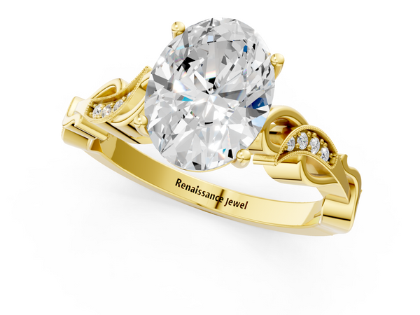 Yellow gold Oval Solitaire Vine Band with Milgrain Prong Setting