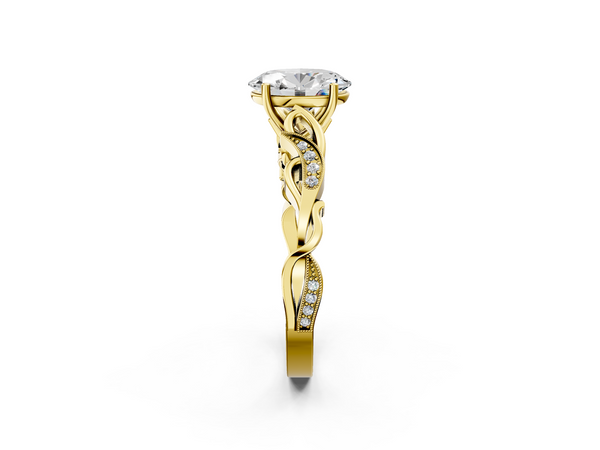 Yellow gold Oval Solitaire Vine Band with Milgrain Prong Setting