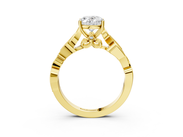 Yellow gold Oval Solitaire Vine Band with Milgrain Prong Setting