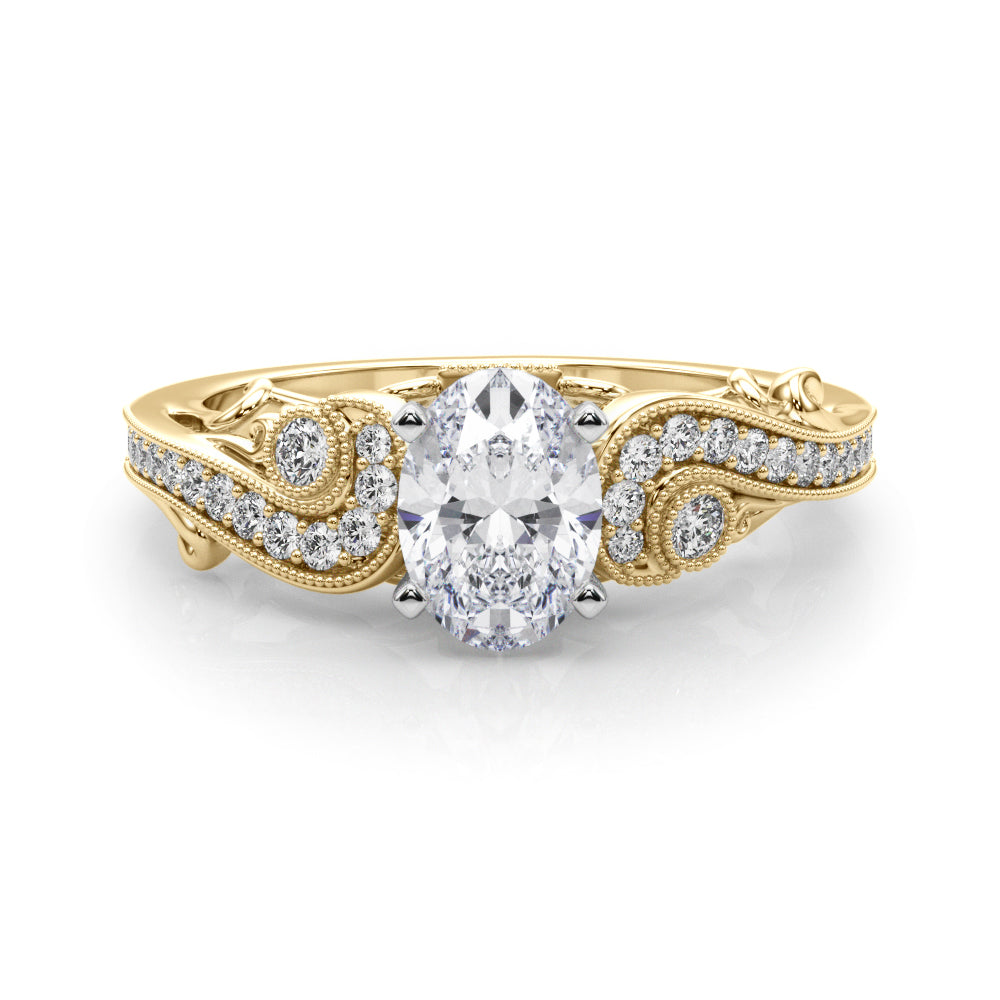 Yellow gold Oval Solitaire with Milgrain Pave Band and Four-Prong Setting 1