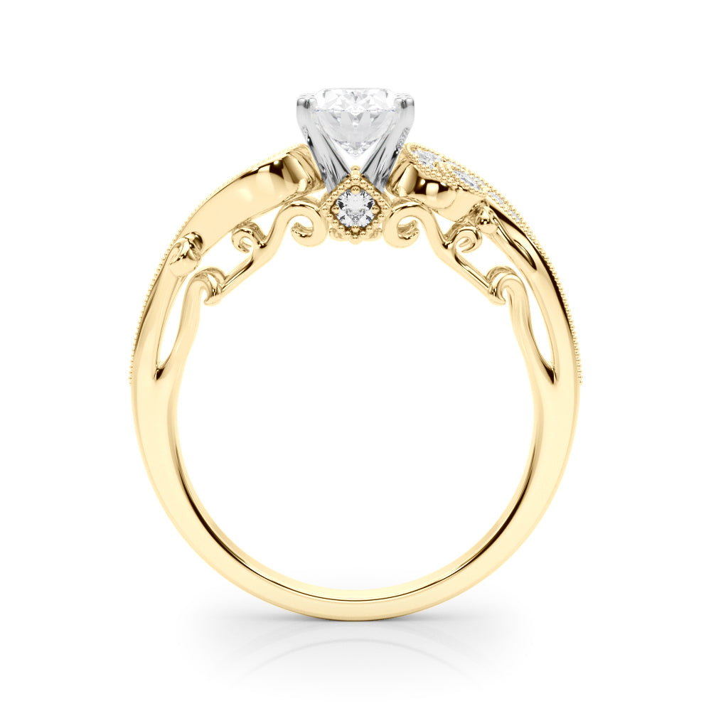 Yellow gold Oval Solitaire with Milgrain Pave Band and Four-Prong Setting 2
