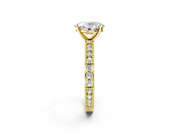 Yellow Gold Oval Vintage Solitaire Engagement Ring Setting with Milgrain-Edge Pave Band