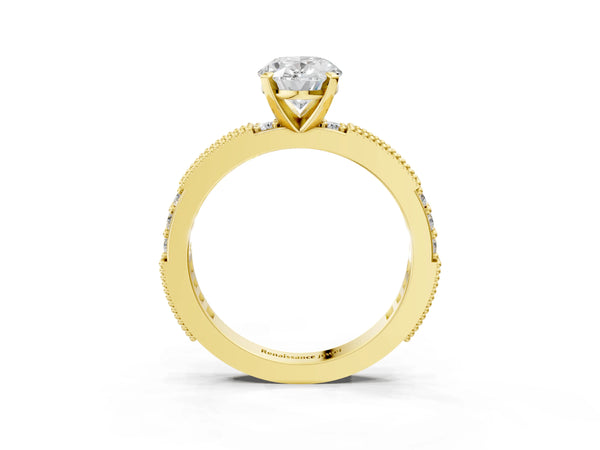 Yellow Gold Oval Vintage Solitaire Engagement Ring Setting with Milgrain-Edge Pave Band