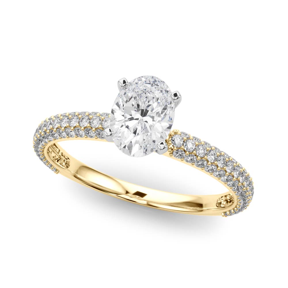 Yellow gold Oval Solitaire with Pave Band and Four-Prong Setting