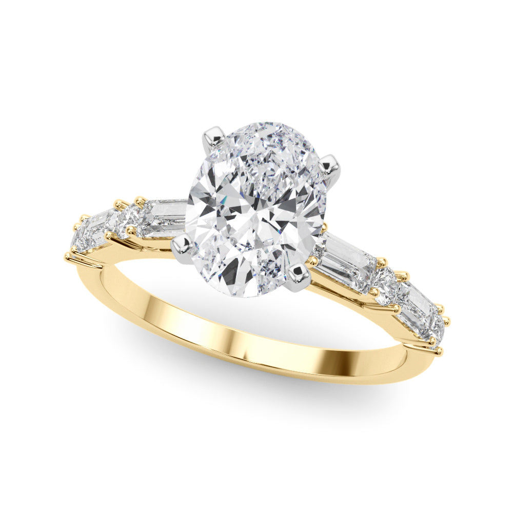 Yellow gold Oval Solitaire with Side Baguettes and Channel Set Band