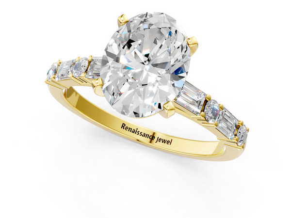 Yellow Gold Oval Engagement Ring Setting with Baguette Side Stones and Mixed Accent Band