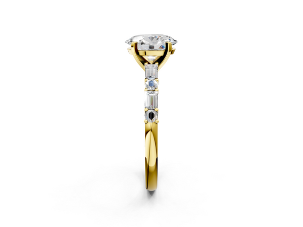 Yellow Gold Oval Engagement Ring Setting with Baguette Side Stones and Mixed Accent Band
