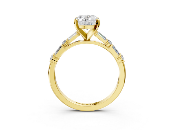 Yellow Gold Oval Engagement Ring Setting with Baguette Side Stones and Mixed Accent Band