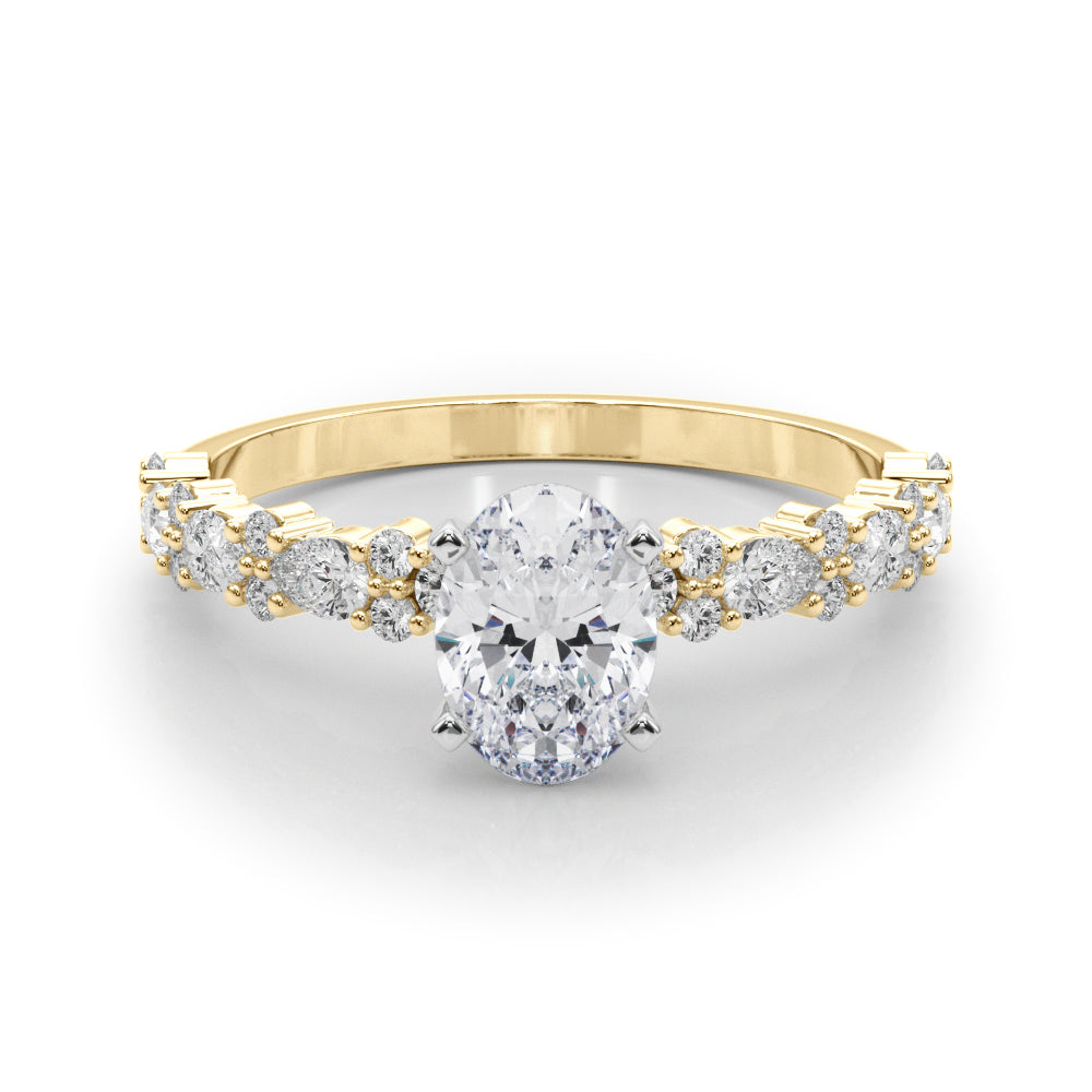Yellow gold Oval Solitaire with Side Stones, Pave Band, Four-Prong Setting 1