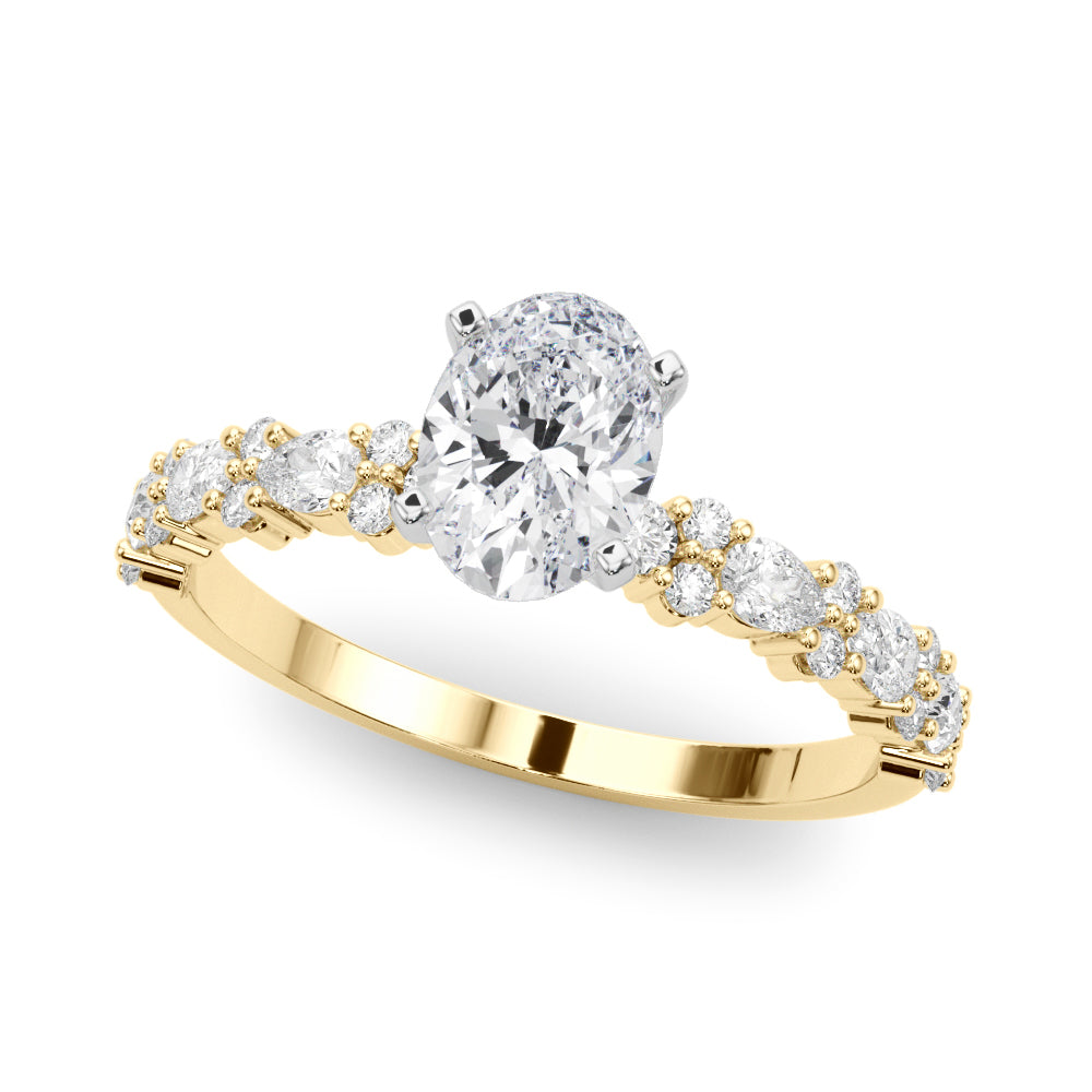 Yellow gold Oval Solitaire with Side Stones, Pave Band, Four-Prong Setting