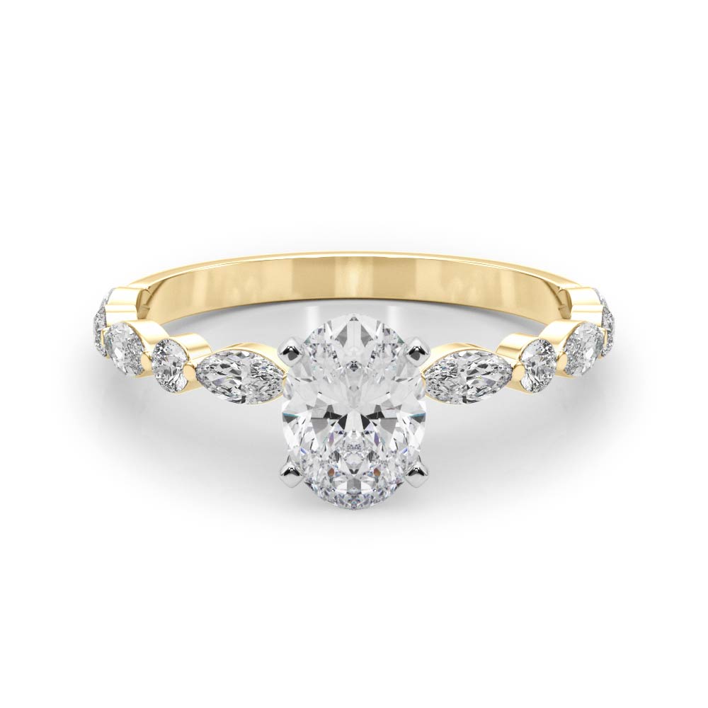 Yellow gold Oval Solitaire with Side Stones on a Pavé Band and Four-Prong Setting 1