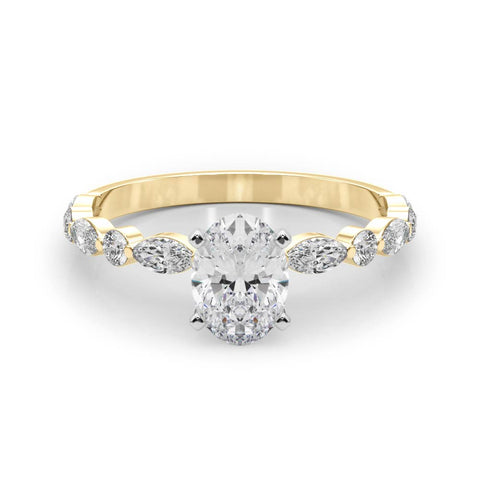 Yellow gold Oval Solitaire with Side Stones on a Pavé Band and Four-Prong Setting 1