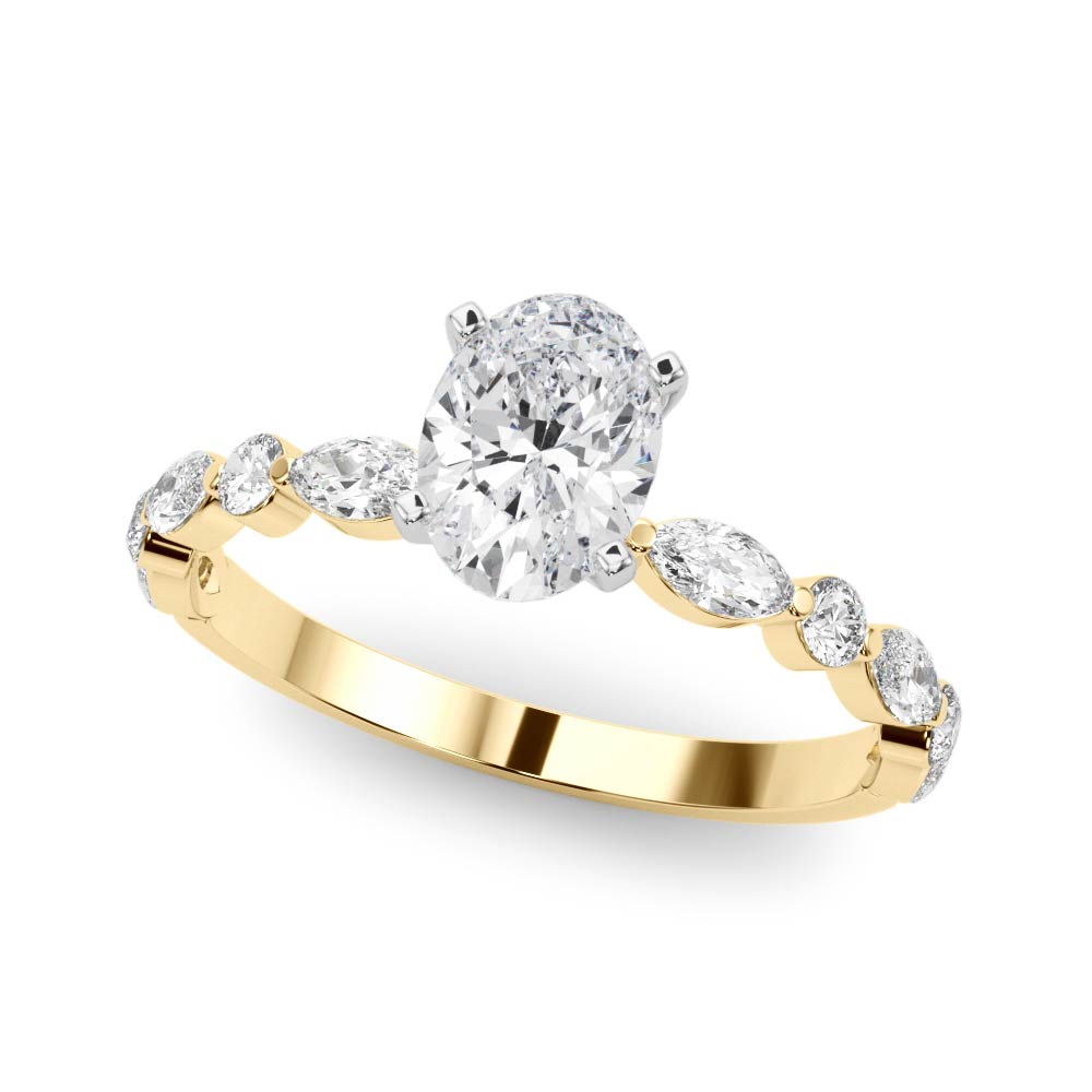 Yellow gold Oval Solitaire with Side Stones on a Pavé Band and Four-Prong Setting