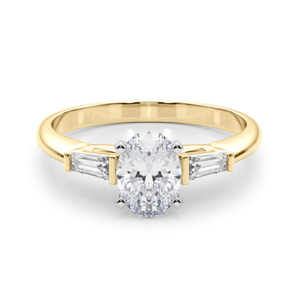 Yellow gold Oval Solitaire with Tapered Baguette Side Stones on a Classic Band with Four-Prong Setting 1