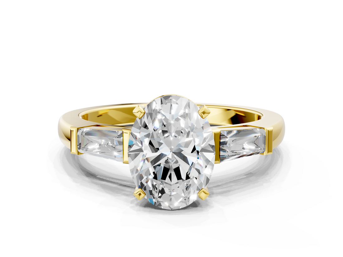 Yellow gold Oval Solitaire with Tapered Baguette Side Stones on a Classic Band with Four-Prong Setting_115