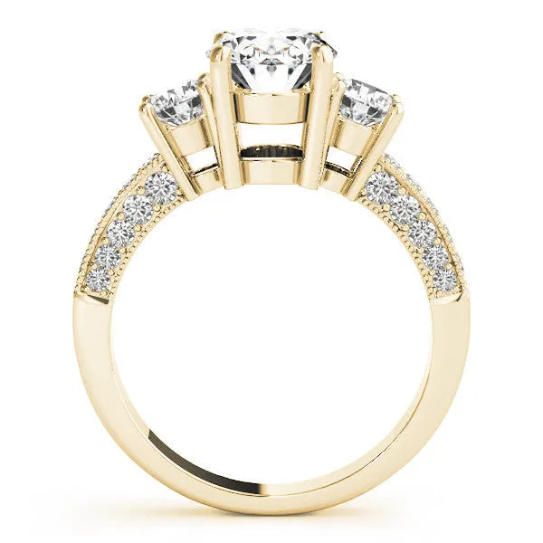 Yellow gold Oval Three-Stone Diamond Ring with Pavé Band and Four-Prong Setting
