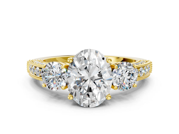 Yellow gold Oval Three-Stone Diamond Ring with Pavé Band and Four-Prong Setting