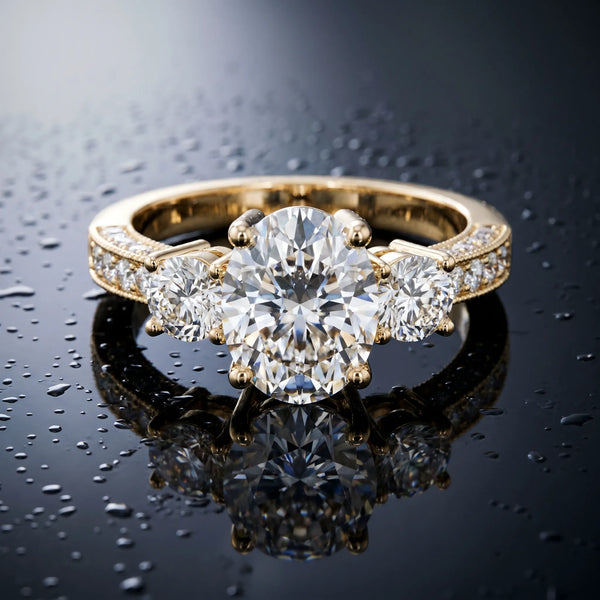 Yellow gold Oval Three-Stone Diamond Ring with Pavé Band and Four-Prong Setting