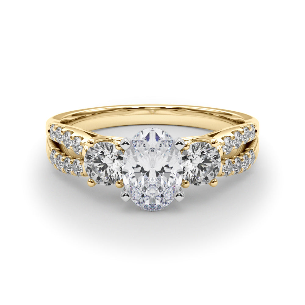 Yellow gold Oval Three-Stone Diamond Ring with Pavé Split Shank and Four-Prong Setting 1