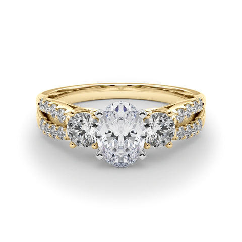 Yellow gold Oval Three-Stone Diamond Ring with Pavé Split Shank and Four-Prong Setting 1