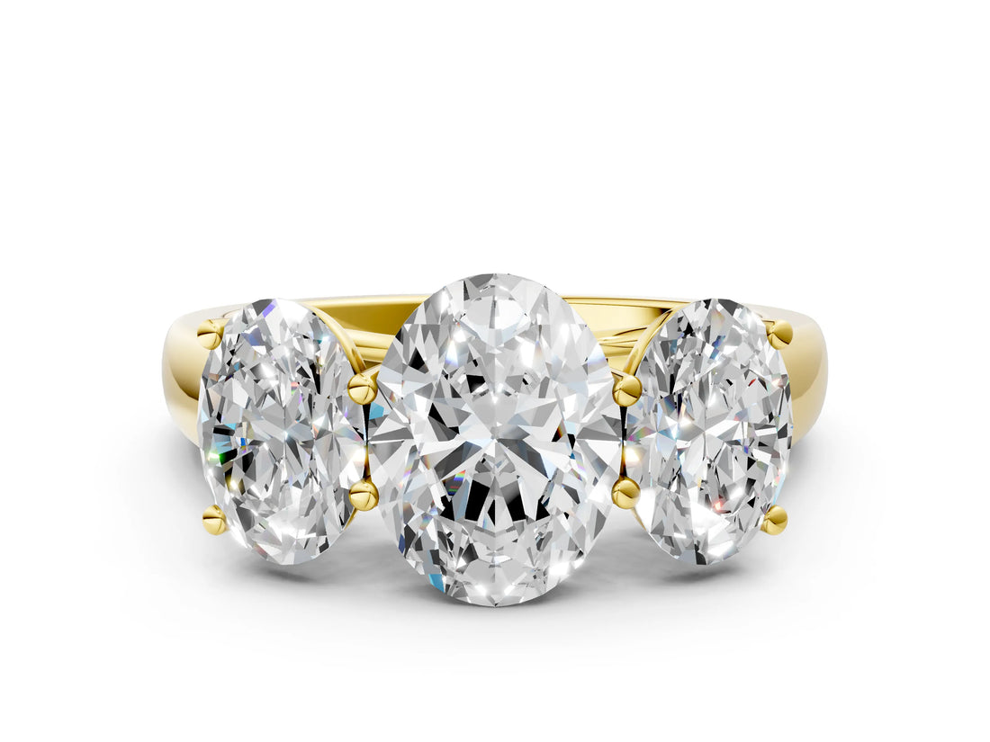 Yellow gold Oval Three-Stone Diamond Ring with Prong Setting on a Classic Band_16