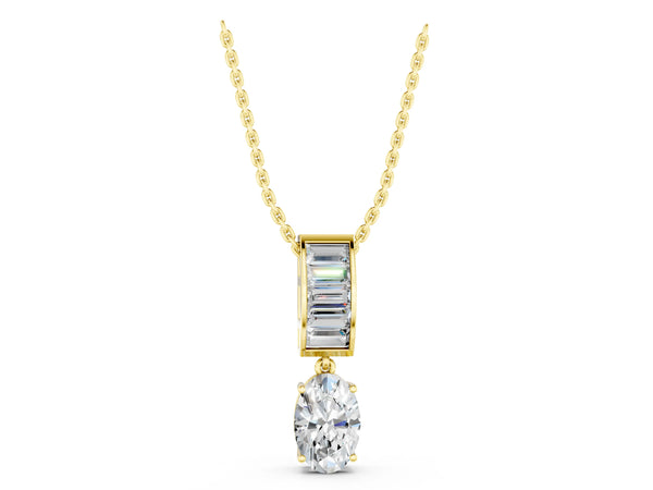Yellow gold Oval and Baguette Diamond Drop Pendant