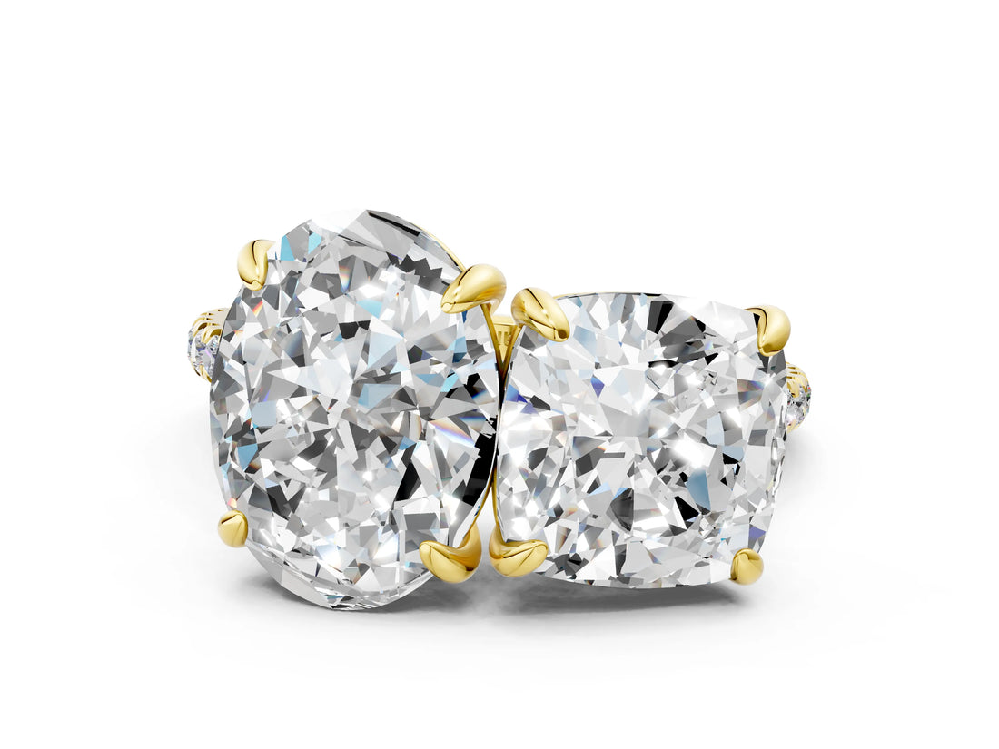 Yellow gold Oval and Cushion Toi Moi Ring with Prong Setting and Pave Band