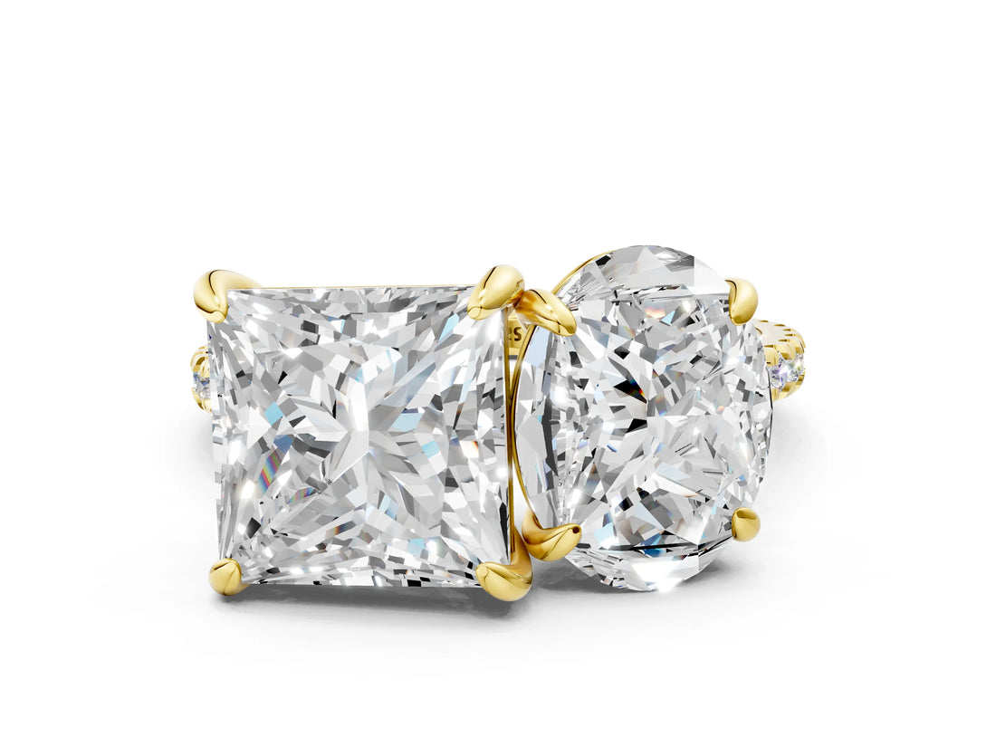 Yellow gold Oval and Princess Toi Moi Ring with Prong Setting and Micro Pave Band