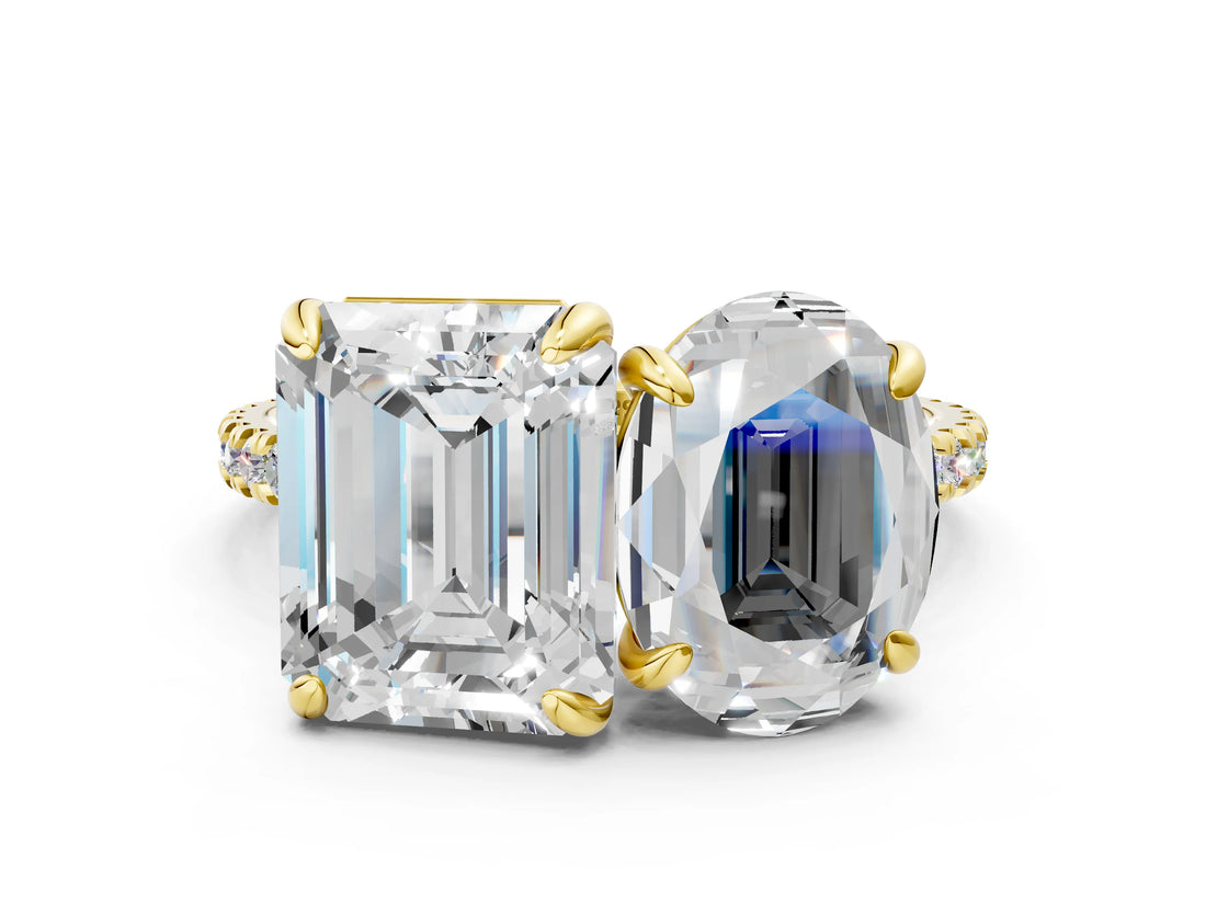 Yellow gold Oval and Radiant Toi Moi Ring with Prong Setting and Pave Band_105