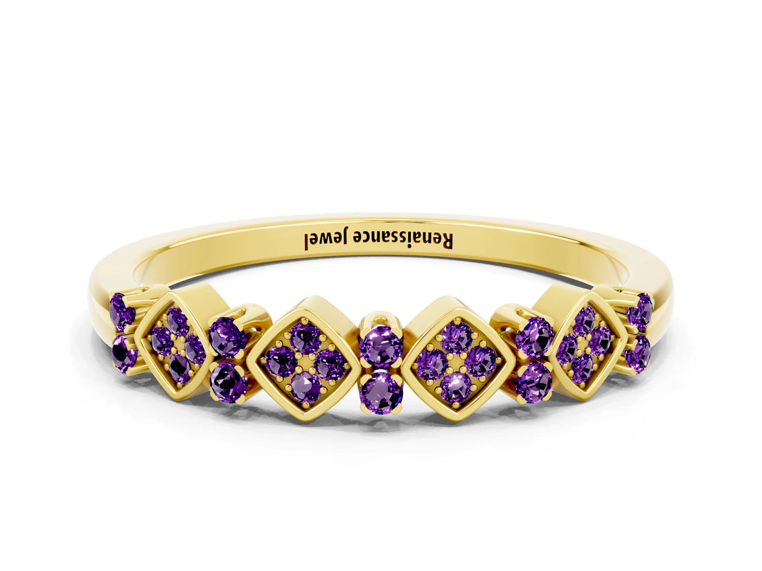 Yellow gold Pavé Cushion Amethyst Cluster Eternity Band with Prong Setting_18