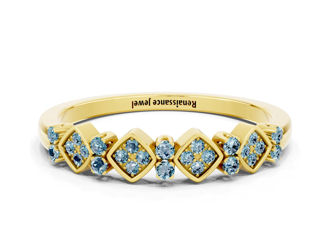 Yellow gold Pavé Cushion Aquamarine Cluster Eternity Band with Prong Setting_18