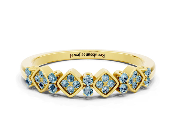 Yellow Gold Round Aquamarine Square Frame Cluster Half Eternity Wedding Band