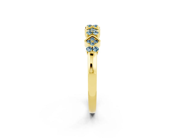 Yellow Gold Round Aquamarine Square Frame Cluster Half Eternity Wedding Band