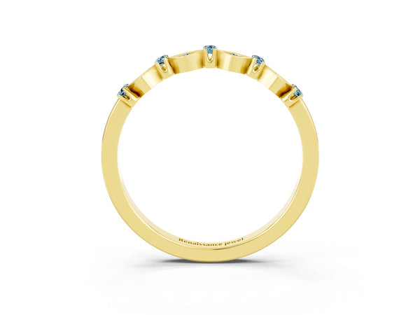 Yellow Gold Round Aquamarine Square Frame Cluster Half Eternity Wedding Band