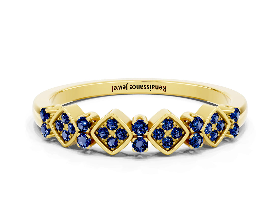 Yellow gold Pavé Cushion Blue Sapphire Cluster Eternity Band with Prong Setting_18